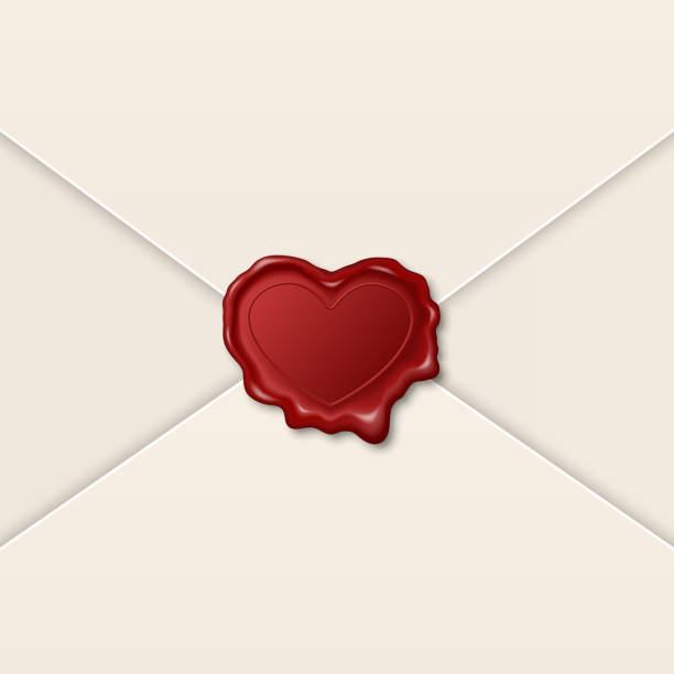 вектор 3d реалистичный винтажный красный штамп в форме сердца, восковая печать на конверте из белой бумаги. запечатывающий воск, штамп, этик� - certificated stock illustrations