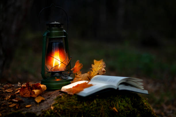 un libro abierto a la luz de una linterna en otoño - autumn leaf falling wind fotografías e imágenes de stock