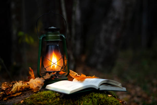 istock An open book in the light of a lantern in autumn 1402469559