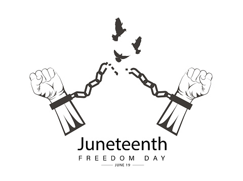 Juneteenth freedom day JUNE 19 banner poster design. Juneteenth National Independence. Jubilee Day. Emancipation. Black Independence Day. Raised fist. handcuffed illustration. flying pigeons. Calligraphy Text.