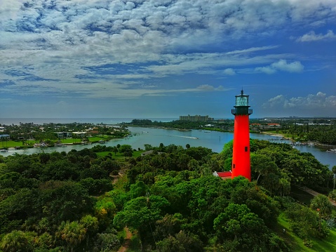 Morning birdseye view of the Inlet with a historical lighthouse (built 1859/60) and historical site