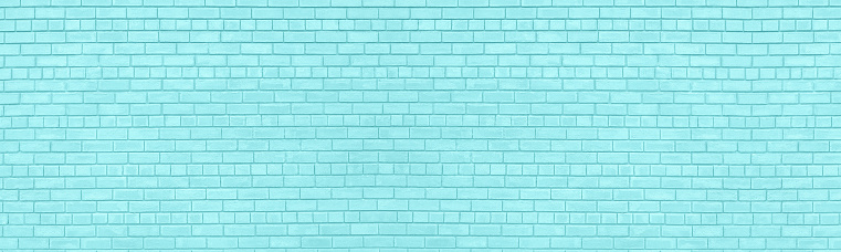 Light teal color old shabby brick wall wide texture. Pastel aquamarine large brickwork. Abstract turquoise vintage panoramic background