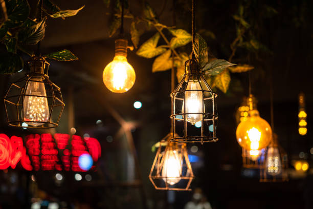 istock Group of retro style metal ceiling lighting lamp - Interior decoration. 1402472919