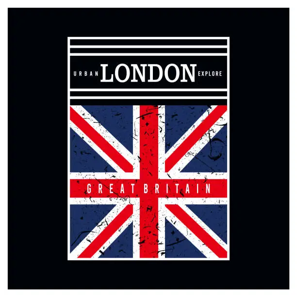 Vector illustration of London typography with great britain flag grunge print for design clothes tshirt apparel