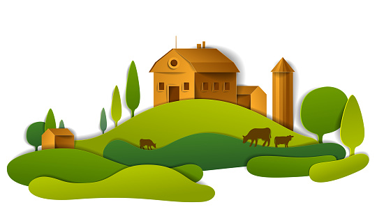Scenic landscape of farm buildings among meadows and trees, vector illustration of summer time relaxing nature in paper cut style. Countryside beautiful ranch.
