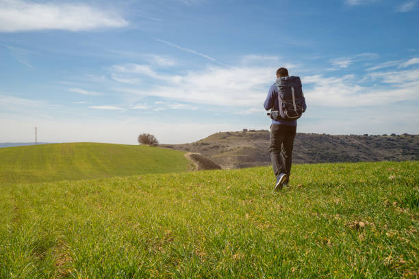 istock Unrecognizable boy walking with a hiking backpack through a green meadow 1402475433
