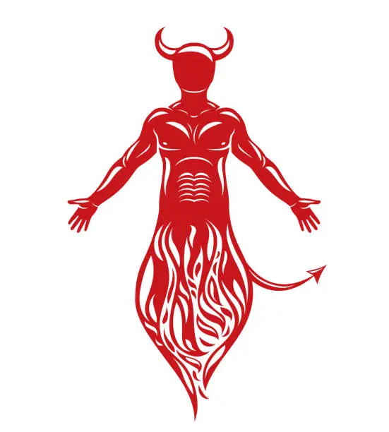 Vector illustration of Vector human being standing in flame. Mystic infernal horned Satan, evil spirit.