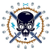 istock Jolly Roger dead head aggressive skull, Pirates vector emblem or logo with weapons and other design elements, vintage style logo or tattoo. 1402476452