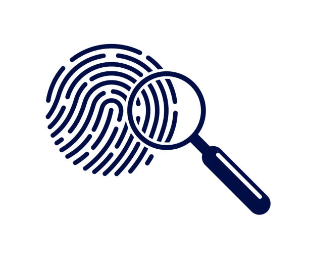 Finger print with magnifying glass vector simple logo or icon, incognito man concept, unidentified person, people search, biometric identification. Finger print with magnifying glass vector simple logo or icon, incognito man concept, unidentified person, people search, biometric identification. crime scene investigation stock illustrations