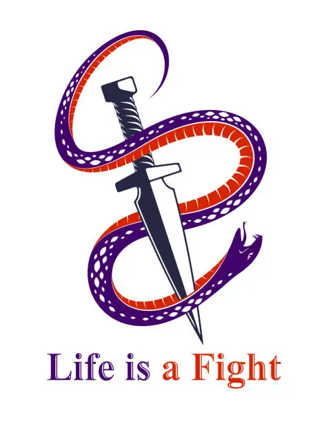 Vector illustration of Dagger kills a Snake, defeated Serpent wraps around a sword vector vintage tattoo, Life is a Fight concept, life is no bed of roses, allegorical logo or emblem of ancient symbol.