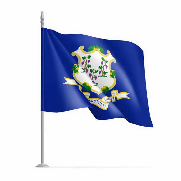 Vector illustration of Connecticut federal state flag on flagpole waving in wind