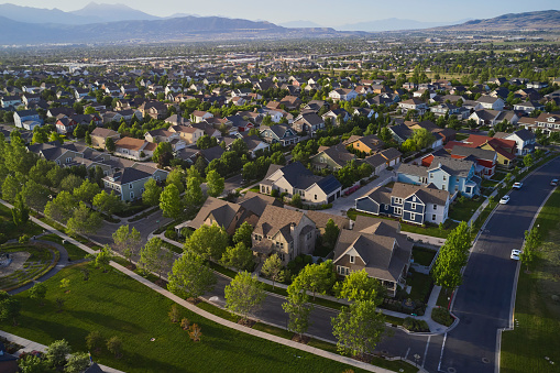 An aerial view of a residential Utah USA community in the morning.