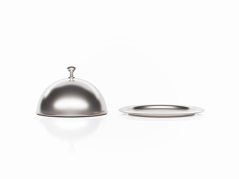 Silver platter sitting on white background. Horizontal composition with copy space. Clipping path is included.