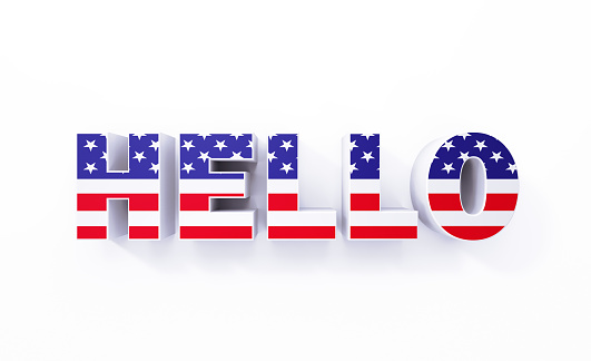 Extruded Hello word textured with American flag on white background. Horizontal composition with copy space. Clipping path is included.