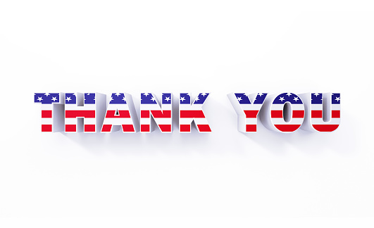 Extruded thank you word textured with American flag on white background. Horizontal composition with copy space. Clipping path is included.