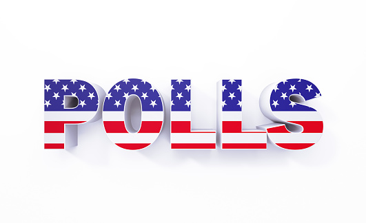 Extruded Polls word textured with American flag on white background. Horizontal composition with copy space. Clipping path is included.