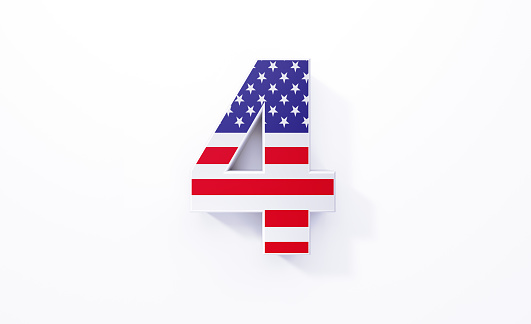 Extruded number 4 textured with American flag on white background. Horizontal composition with copy space. Clipping path is included.