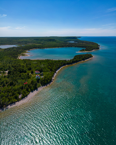 Aerial drone photo shot at 48MP 100ISO of Cabot Head lighthouse and Wingfield Basin near the tip of the Bruce Peninsula