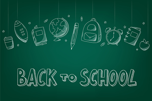 back to school banner, poster, print, template, card decorated with lettering quote and hand drawn doodles on green chalkboard background. EPS 10