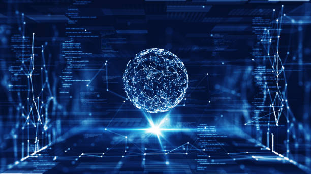 big data technology concept. There is a prominent spherical interconnected polygon in the center with a surrounding binary code grid on a dark blue background. stock photo