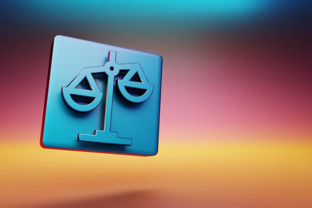 Justice icon. Beautiful Blue Justice symbol icons on multicolor bright background. 3d rendering illustration. Background pattern for design.