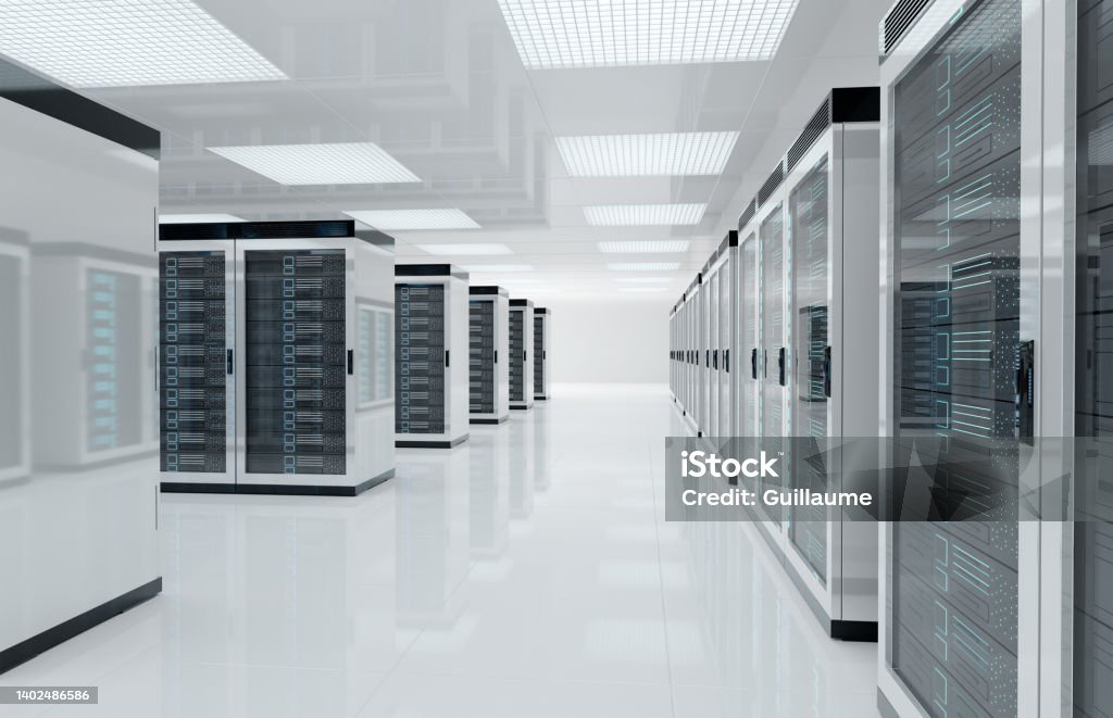 White servers center room with computers and storage systems 3D rendering Data Center Stock Photo