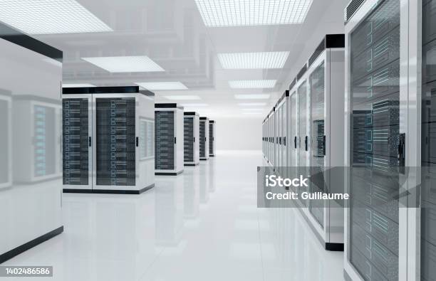 White Servers Center Room With Computers And Storage Systems 3d Rendering Stock Photo - Download Image Now