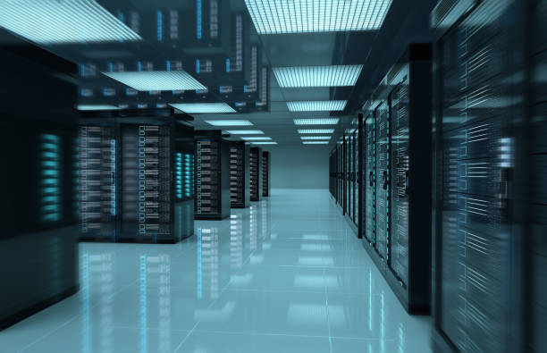Dark servers data center room with computers and storage systems 3D rendering stock photo