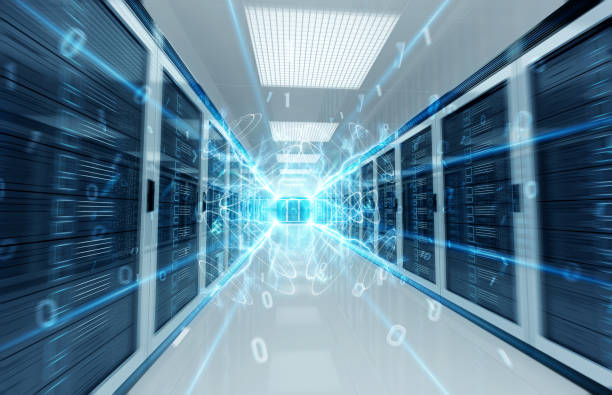 Connection network in servers data center room storage systems 3D rendering stock photo