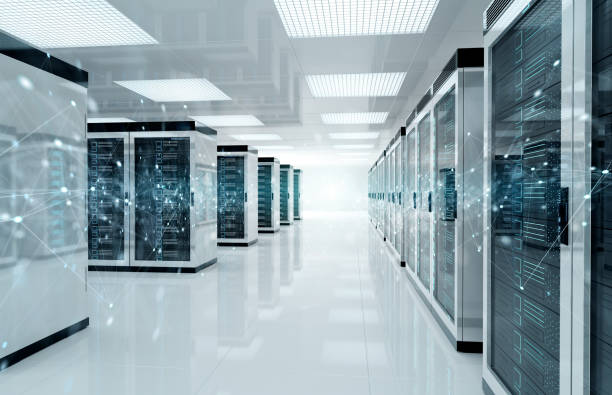 Servers data center room with bright bokeh light going through the corridor 3D rendering stock photo