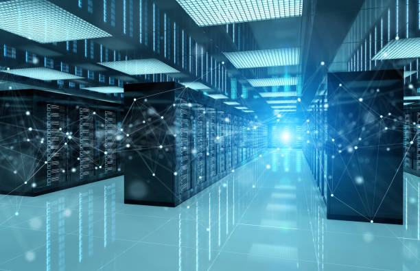 Connection network in servers data center room storage systems 3D rendering stock photo