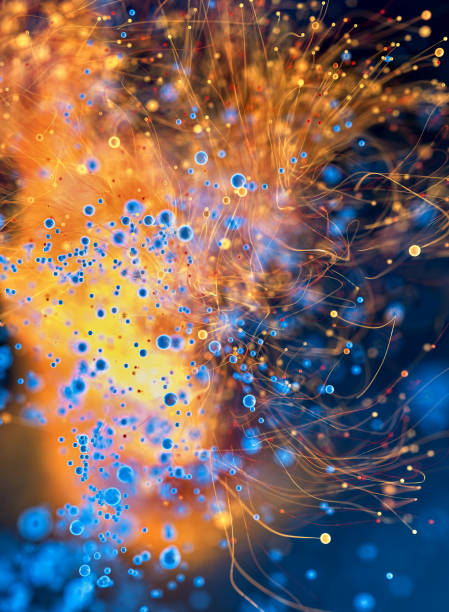 istock Glowing Spherical Particle Are Moving Leaving Bright Trails At Black Space, 3d Abstract Illustration 1402486881