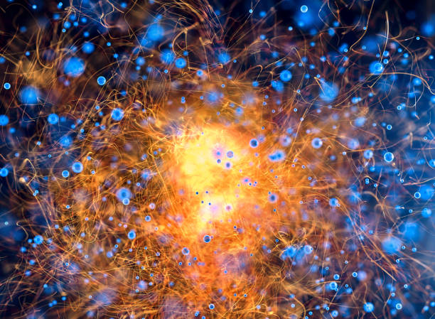 istock Glowing Spherical Particle Are Moving Leaving Bright Trails At Black Space, 3d Abstract Picture 1402486903