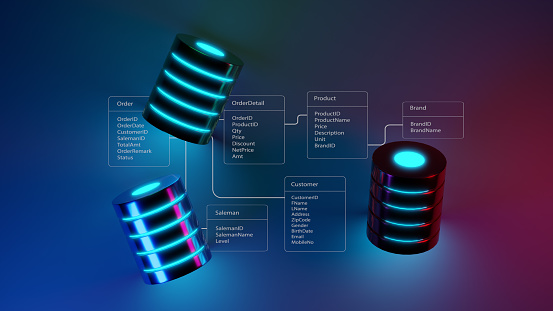 Multiple database is placed on Relational database tables. Concept of database server, SQL, data storage, database diagram design, Data center, Webhosting. 3D illustration. Top view.