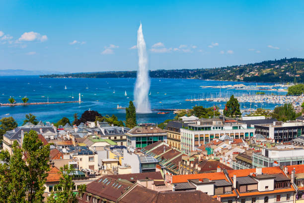 Water jet fountain in Geneva stock photo