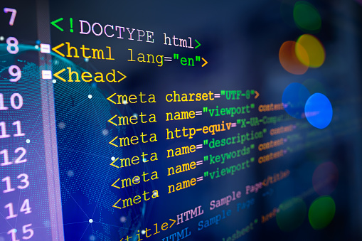 Multi-colored C/C++ programming language source code design example. Side view composition, on a dark surface with triangle grid pattern overlay effect.