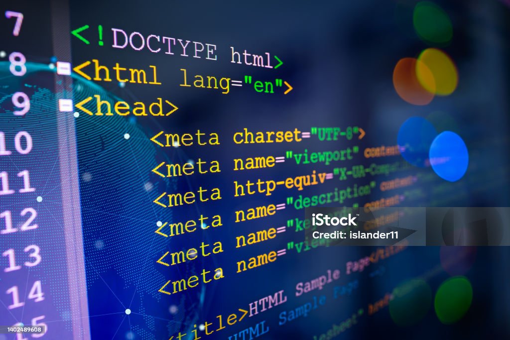 Html Code On Computer Monitor And Server Room Background Stock Photo ...