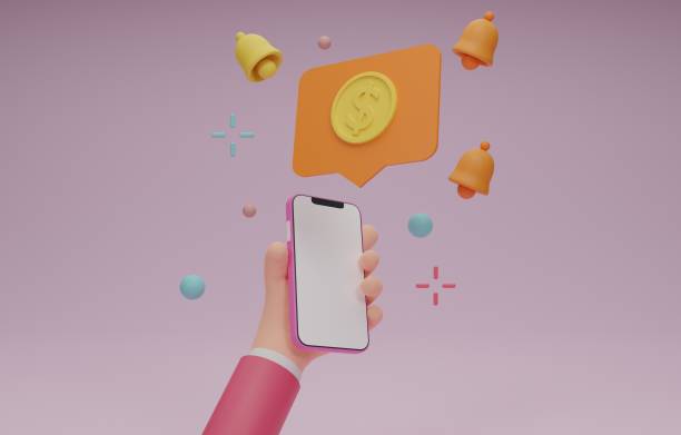 istock Hand of business holding smartphone blank display with Text box.using phone screen mockup,Bell,money payment via a smartphone,Mobile phone bank,wallet,isolated background.3d Rendering. 1402489836