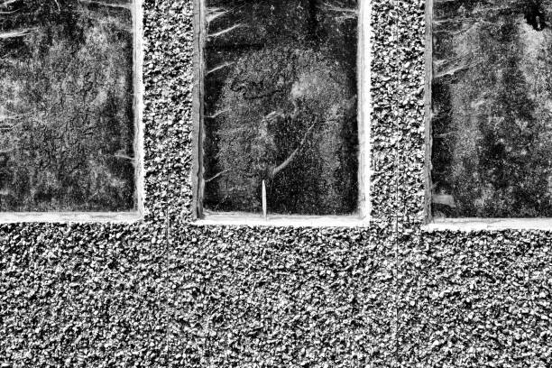 Abstract view of a vehicle garage showing three dirty windows and the people dashed concrete wall.