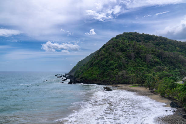 Aerial view Osma coastline, Vargas State, Venezuela. Waves crashing on the Shore on a cloudy day.