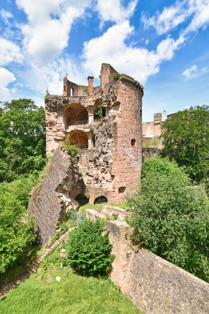 Heidelberg, Germany - June 2022: Blasted and collapsed tower called 'Krautturm' at historic Heidelberg castle