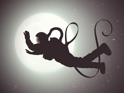 Flying cosmonaut outline. Lonely man and full moon