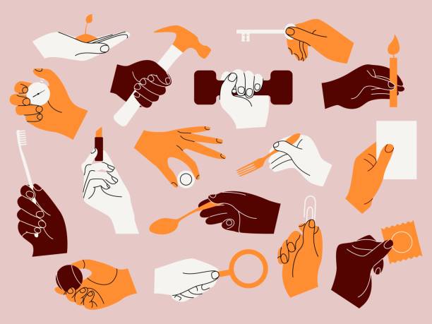 ilustrações de stock, clip art, desenhos animados e ícones de hands with objects. doodle minimalistic arms with stationery supplies and smart devices. human body. graphic collection. dumbbell in fist. holding cutlery. vector palms set with items - fork wrench