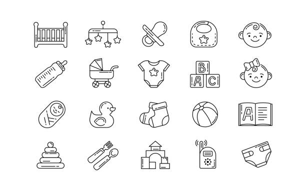 Nursery kid icon. Pictogram of linear newborn child. Diapers and carriage. Bed with carousel. Toddlers food or toys. Family health and childhood care. Infant faces. Vector line signs set Nursery kid icon. Pictogram of linear newborn child. Diapers and baby carriage. Bed with carousel. Toddlers food or toys. Family health and childhood care. Infant faces. Vector thin line signs set baby bib stock illustrations