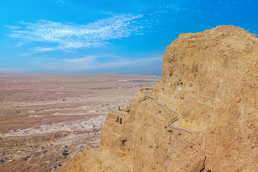 Israel Panoramic views from Masada Fortress in National Park in Negev Judaean Desert near Dead Sea.