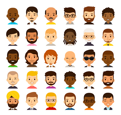 Set of 30 diverse cartoon male avatars. Men of different ethnicities, ages, skin and hair color. Cute and simple flat vector style, isolated on white background.