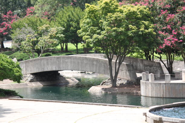 A scenic water lake view public park in Charlotte, N.C. with a walking bridge.