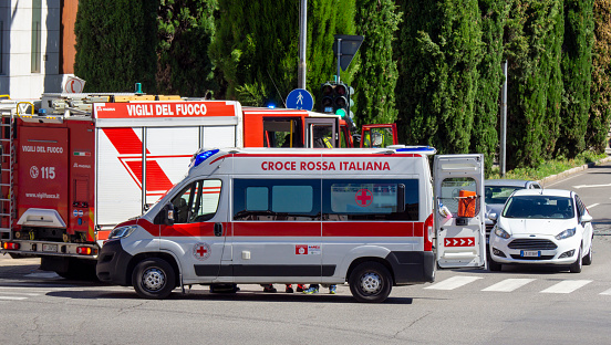 Accident between cars in an Italian city with the rescue of the firefighters and the Red Cross. Different cars involved the accident