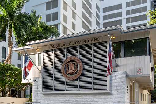Miami, Florida, USA - January 2, 2022: Consulate General of the Dominican Republic (Consulado Dominicano En Miami) in Miami, Florida, USA.