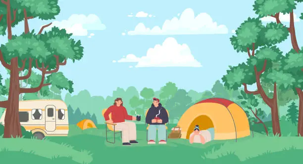 Vector illustration of Scout kids. Female and male tourists sitting on chairs in nature and drinking tea. Woman lying in tent